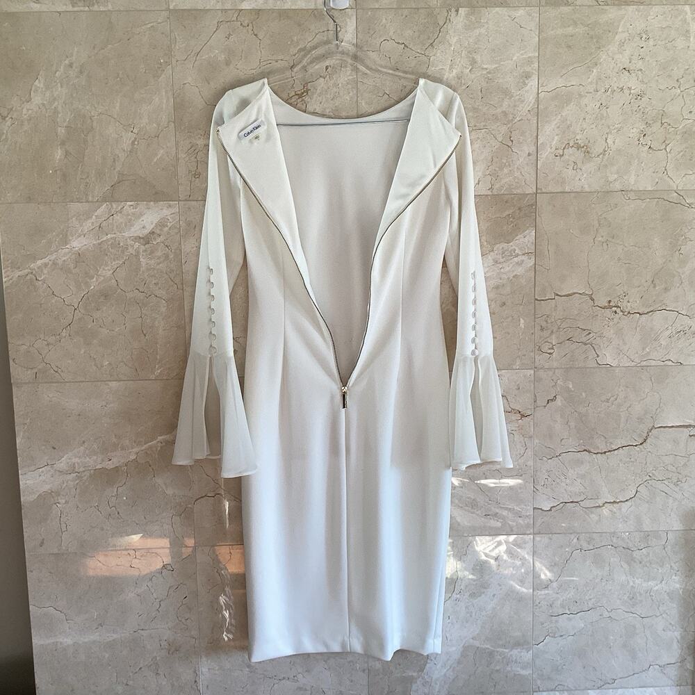 Calvin Klein Shift Dress - 2 - White Bell Sleeve, Classic Holiday Party Bridal - Picture 10 of 16